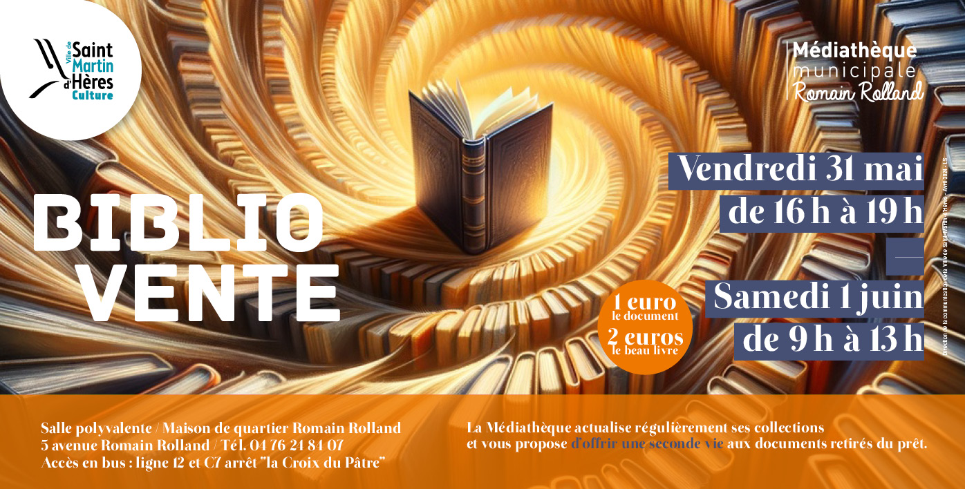 Affiche pour la biblio vente à la médiathèque Romain Rolland Saint Martin d'Hères les 31 mai et 1er juin